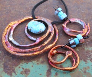 Copper and polymer pendant and earring set